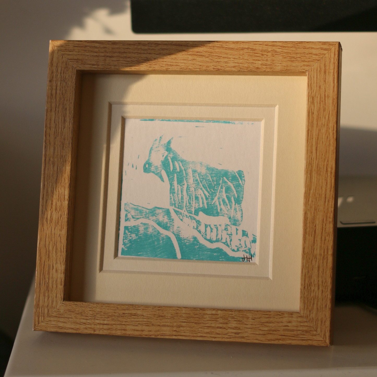 Lino Print Framed Original - Blue Goat