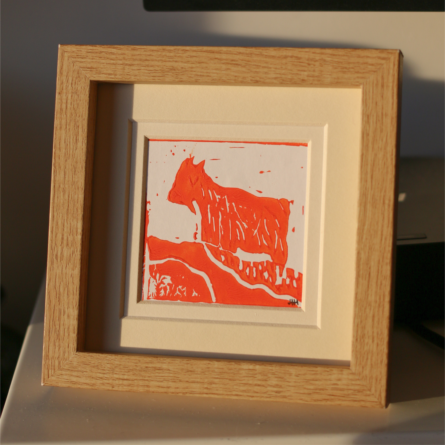Lino Print Framed Original – Orange Goat