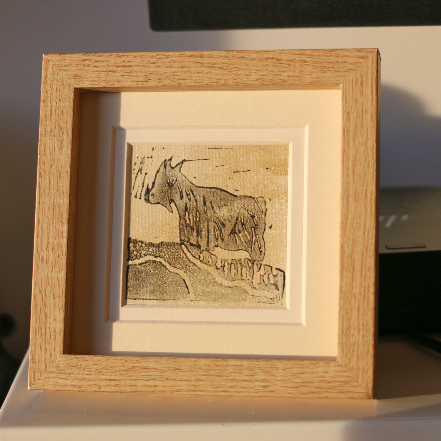 Lino Print Framed Original – Golden Goat