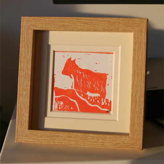 Lino Print Framed Original – Orange Goat