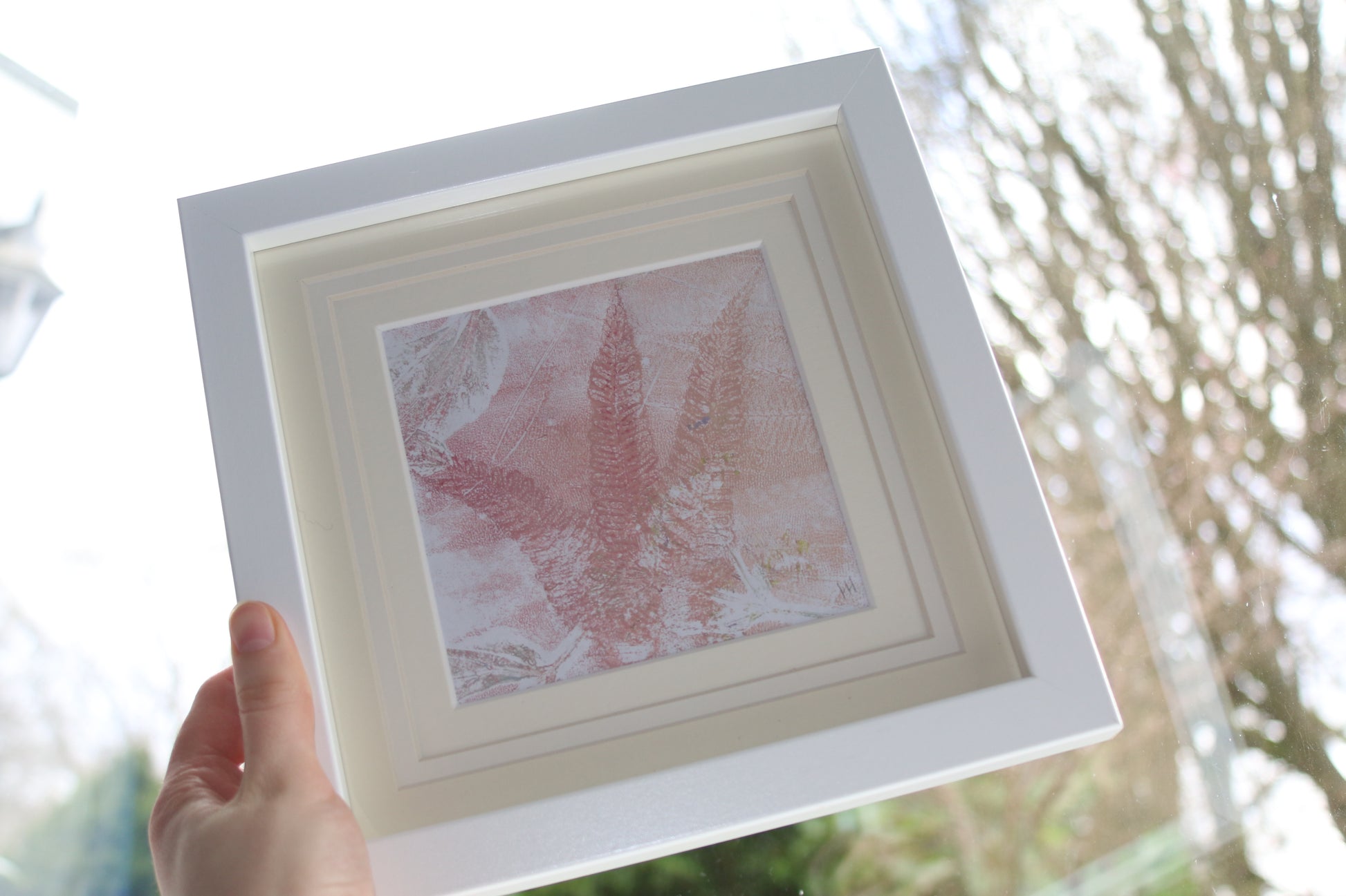 Original pink fern art piece 12 cm botanical artwork mounted